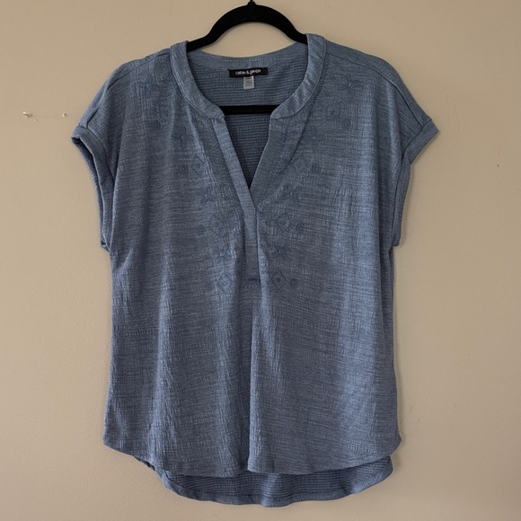 Cable & Gauge Tops - Cable & Gauge Dusty Blue Short Sleeve Split-Neck Blouse